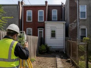 Boundary surveyor measuring a narrow rowhouse lot before exterior renovation work begins