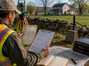 Land surveyor reviewing old property records and parcel maps near an older rural property boundary.