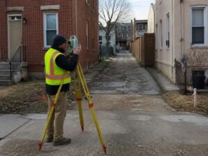 property survey shared access baltimore maryland - Baltimore Land Surveying Surveyor reviewing shared access areas between neighboring properties in Baltimore Maryland