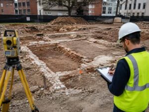 surveying-former-building-footprint-foundation-remains - Baltimore Land Surveying Land surveyor documenting the exposed foundation footprint of a demolished building using surveying equipment on a redevelopment site