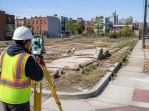 topographic-survey-vacant-urban-parcel-redevelopment - Baltimore Land Surveying Topographic surveyor measuring existing conditions on a vacant urban parcel planned for redevelopment.