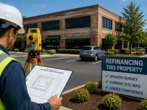 Surveyor reviewing an updated ALTA survey outside an older commercial building before refinancing