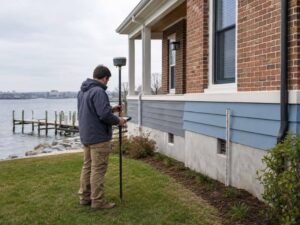 Surveyor documenting elevations at a Baltimore waterfront home for an Elevation Certificate after renovation