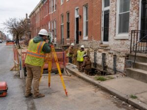 Construction Survey professional establishing control points beside Baltimore Maryland rowhouses before underpinning excavation