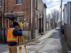 due diligence survey older property baltimore maryland - Baltimore Land Surveying Surveyor performing a due diligence survey on an older commercial property in Baltimore Maryland